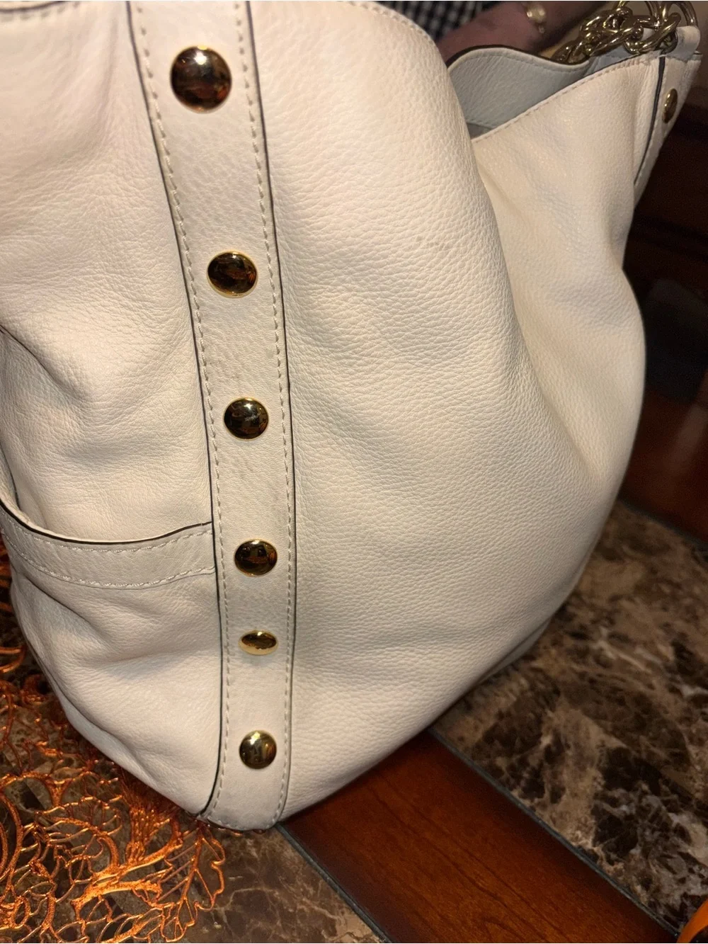 Michael Kors White Leather Shoulder Tote with Gold Chain Straps